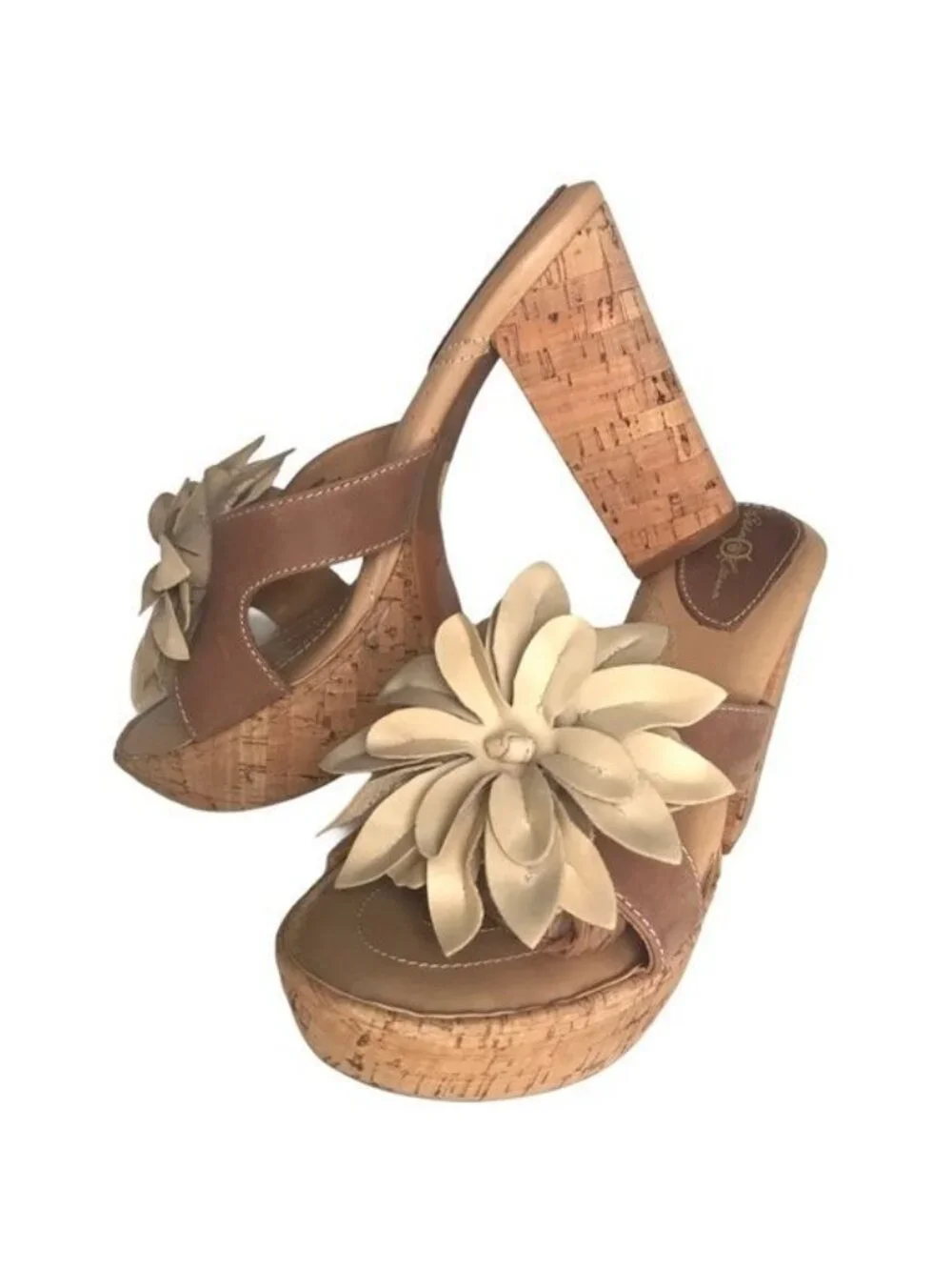 Born Crown Lolita Cork Platform Heeled Sandal Large Leather Flower Size 9